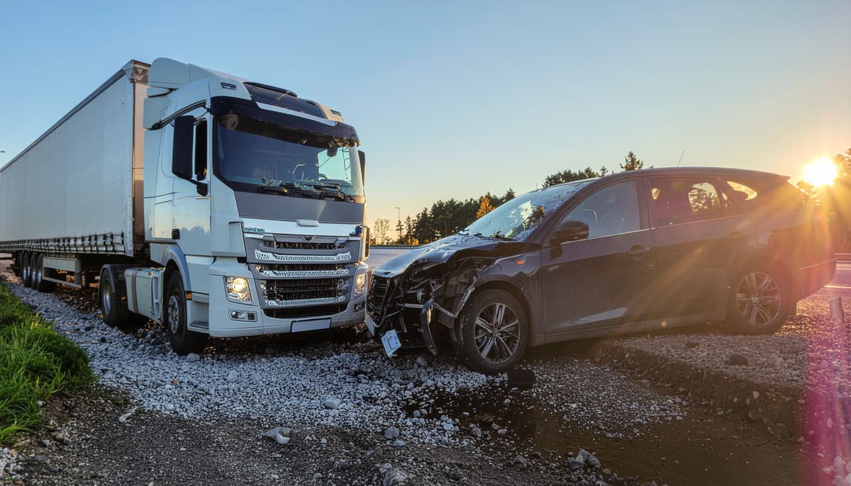 Truck accident scene showing collision between semi truck and car